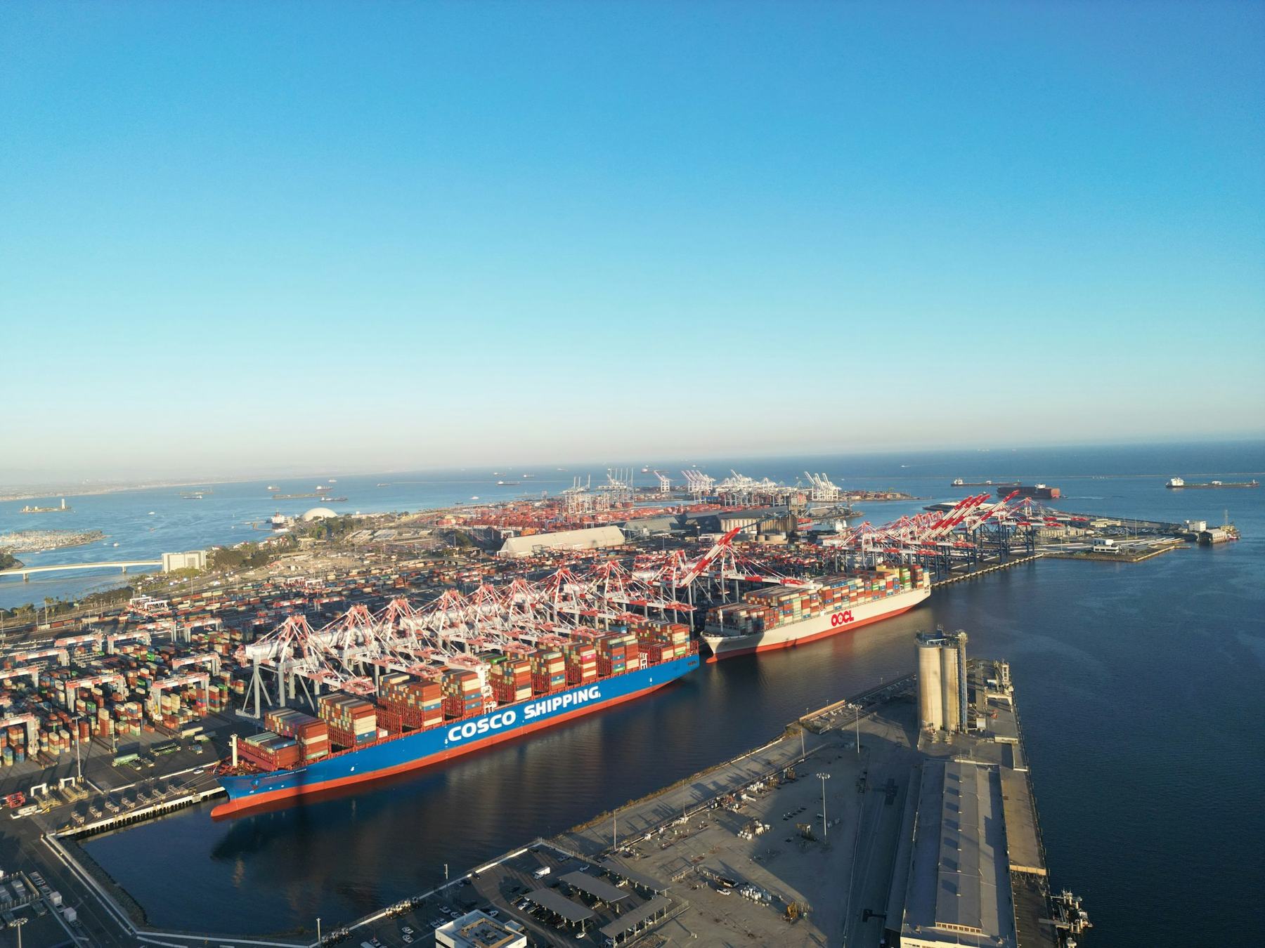 Aerial view of container ships and cranes at the Port of Long Beach
