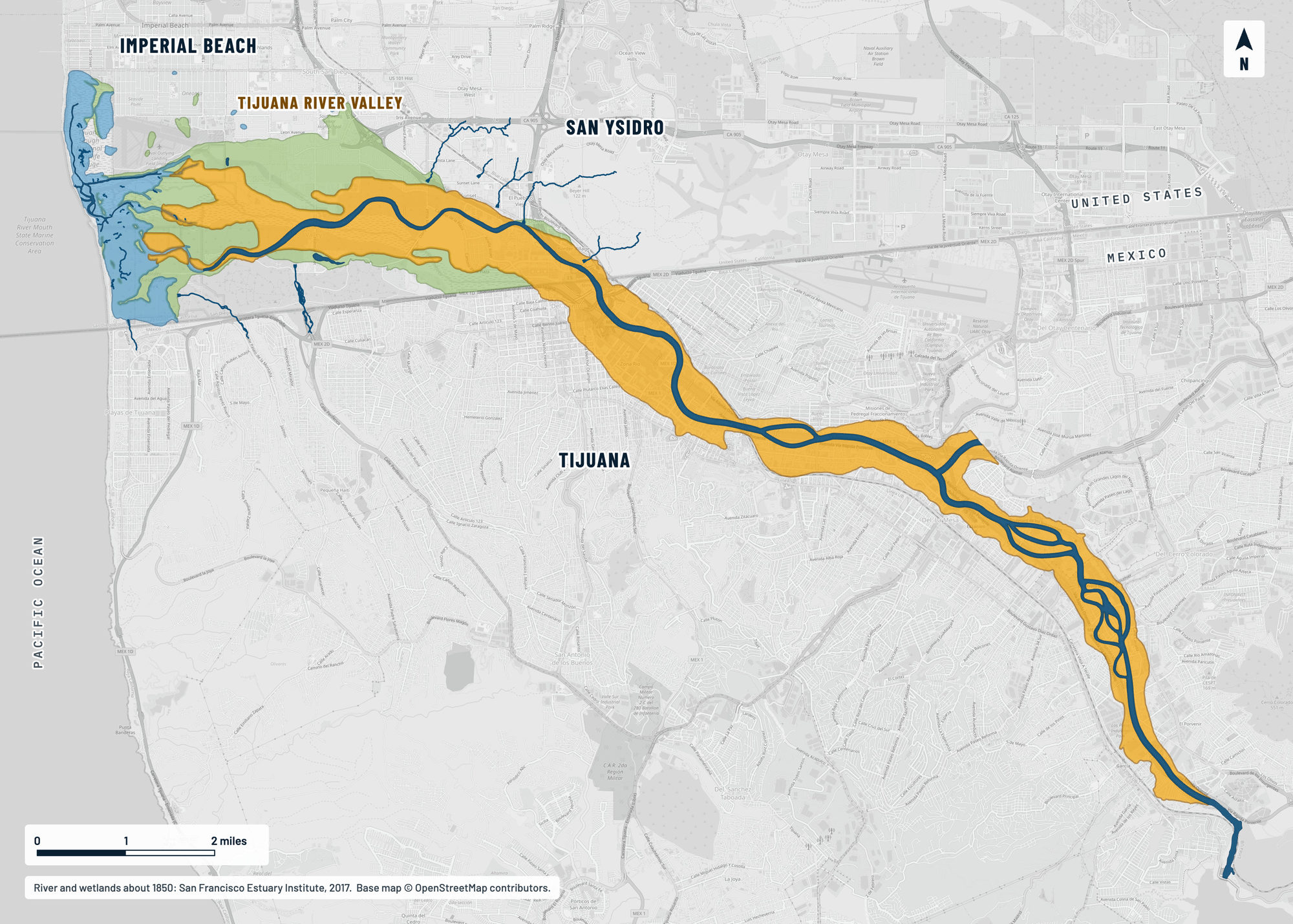 Map of the Tijuana River from the Pacific Ocean through the Tijuana River Valley, San Ysidro and the city of Tijuana. The river corridor, channel, marshes and wet meadows of about 1850 are drawn in color over a gray map of today’s streets.